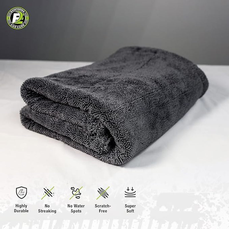 Exoforma Mega Drying Towel - Large Premium Microfiber Car Drying Towel - 24"X36" 1200 GSM Double Twist Pile, Edgeless Design for No Scratches, Dries Your Entire Vehicle by Itself