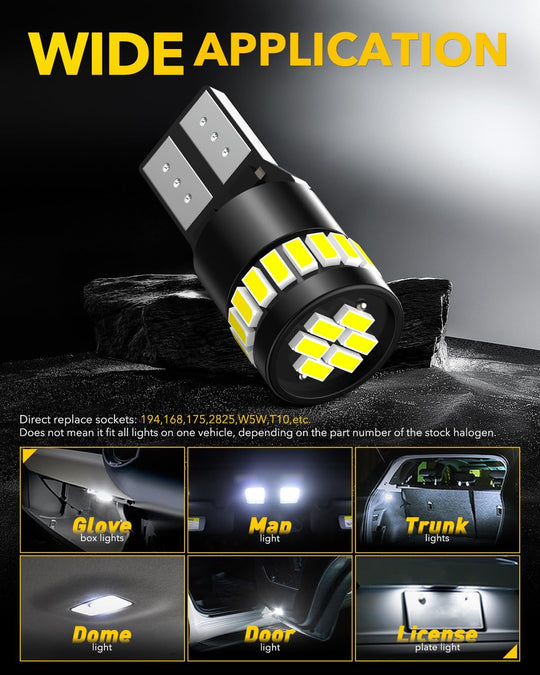 AUXITO 194 LED Light Bulb 6000K White 168 2825 W5W T10 Wedge 24-SMD 3014 Chipsets LED Replacement Bulbs Error Free for Car Dome Map Door Courtesy License Plate Dash Instrument Lights, Pack of 10