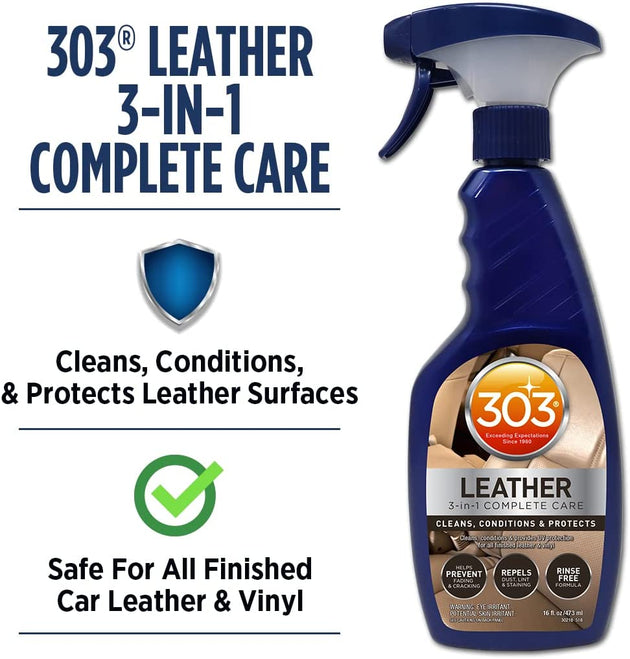 303® Automotive Leather 3-In-1 Complete Care Spray, Conditions Leather to Prevent Cracking and Fading, Strong UV Protection, Safe for All Finished Leather and Vinyl (30218) 473 Ml