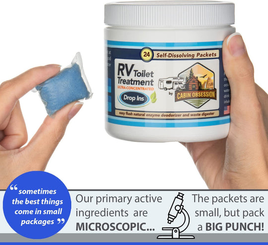 RV Toilet Treatment Drop Ins - 24 Easy Flush Self-Dissolving RV Black Tank Treatment Packets - Eliminate Odors and Break down Waste within Your RV Holding Tank