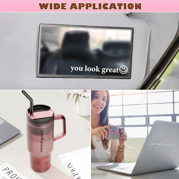 Zurligi Car Mirror Decal Stickers, 4 Pcs Car Interior for Women, “You Look Great” Rearview Mirror Stickers, Car Accessories Gifts, Aesthetic Sticker for Mirror, Water Bottle, Laptop, Scrapbooking