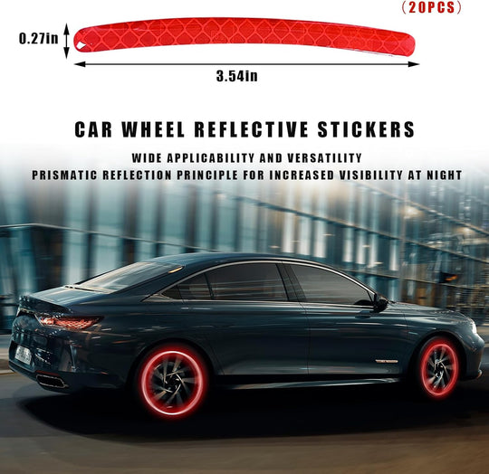 20PCS Reflective Car Wheel Decorative Stripe Stickers, Anti-Scratch Night Safety Warning Sticker, Fluorescent Tire Rims Decal, Auto Exterior Decor Accessories for Most Vehicles (Red)