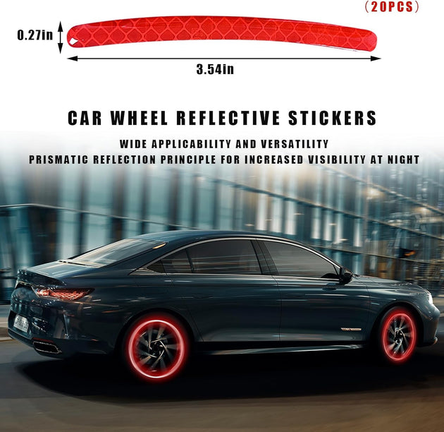 20PCS Reflective Car Wheel Decorative Stripe Stickers, Anti-Scratch Night Safety Warning Sticker, Fluorescent Tire Rims Decal, Auto Exterior Decor Accessories for Most Vehicles (Red)