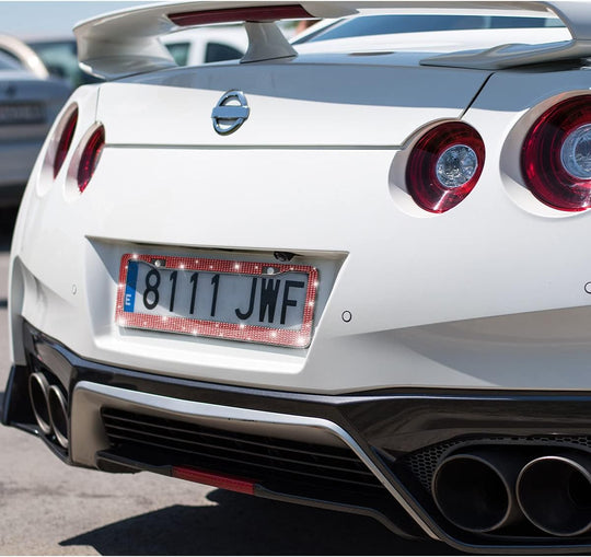 Bling Car License Plate Frame, Handcrafted Crystal Stainless Steel License Plate Frame, Sparkly, Durable, Universal Fit, Car Accessories for Girls, Women (Red)