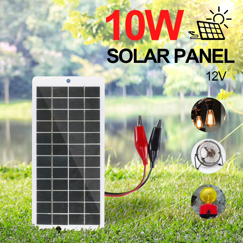 10W Solar Battery Charger with Carabiner 12V Solar Charger Polysilicon Solar Power Charger Portable for Outdoor Lamp Pump