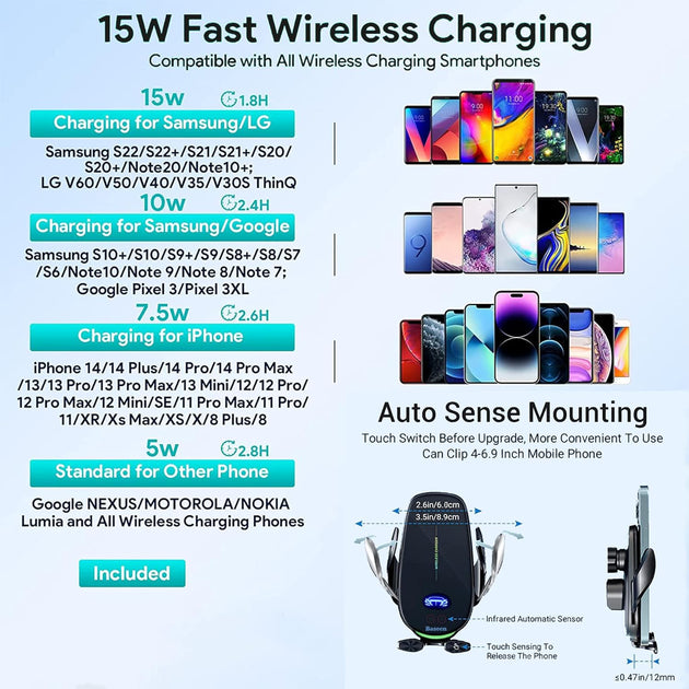 15W Fast Wireless Phone Charger, Car Wireless Phone Charger and Holder, Auto-Clamping Senser, 1000 Times Opening without Power, Suit for Car Office Kitchen, round Vent Friendly, Case Friendly