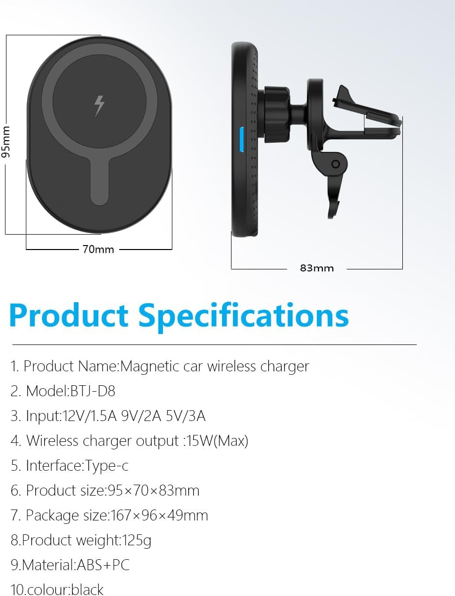 VORTEX BD8A15W Magnetic Wireless Car Charger for Iphone 12/12Mini/12Pro/12Pro Max/13Mini/13Pro/13Pro Max/14Pro/14Pro Max/15Pro/15Pro Max