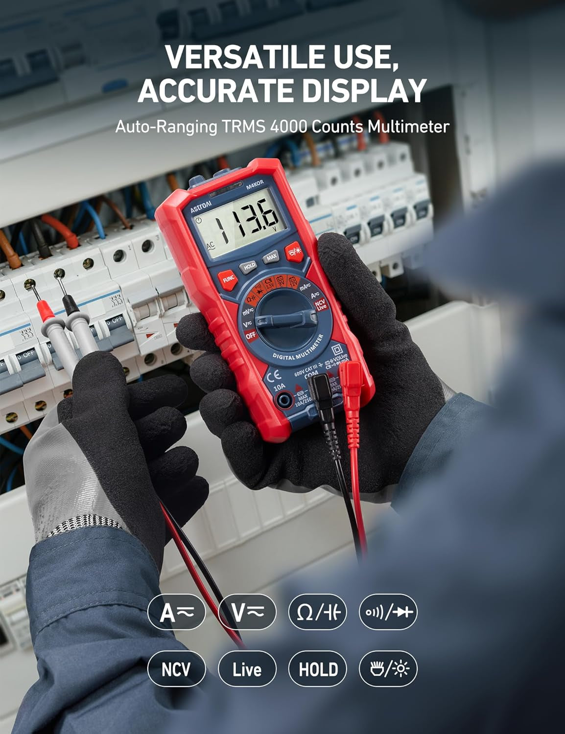 Astroai Multimeter Tester, TRMS 4000 Counts Volt Meter Auto-Ranging Ohmmeter Digital 1.5V/9V/12V Battery Voltage Tester Measure Voltage Current Resistance Diodes Continuity Capacitance with NCV