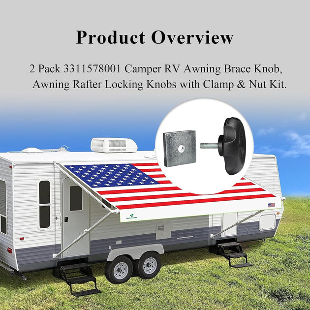 𝟐 𝐏𝐜𝐬 3311578001 Camper RV Awning Brace Knob, Awning Rafter Locking Knobs Replacement Parts with Clamp & Nut Kit, Fit for Carefree/Dometic A&E Camper/Rv/Motorhome Awning Brace Parts