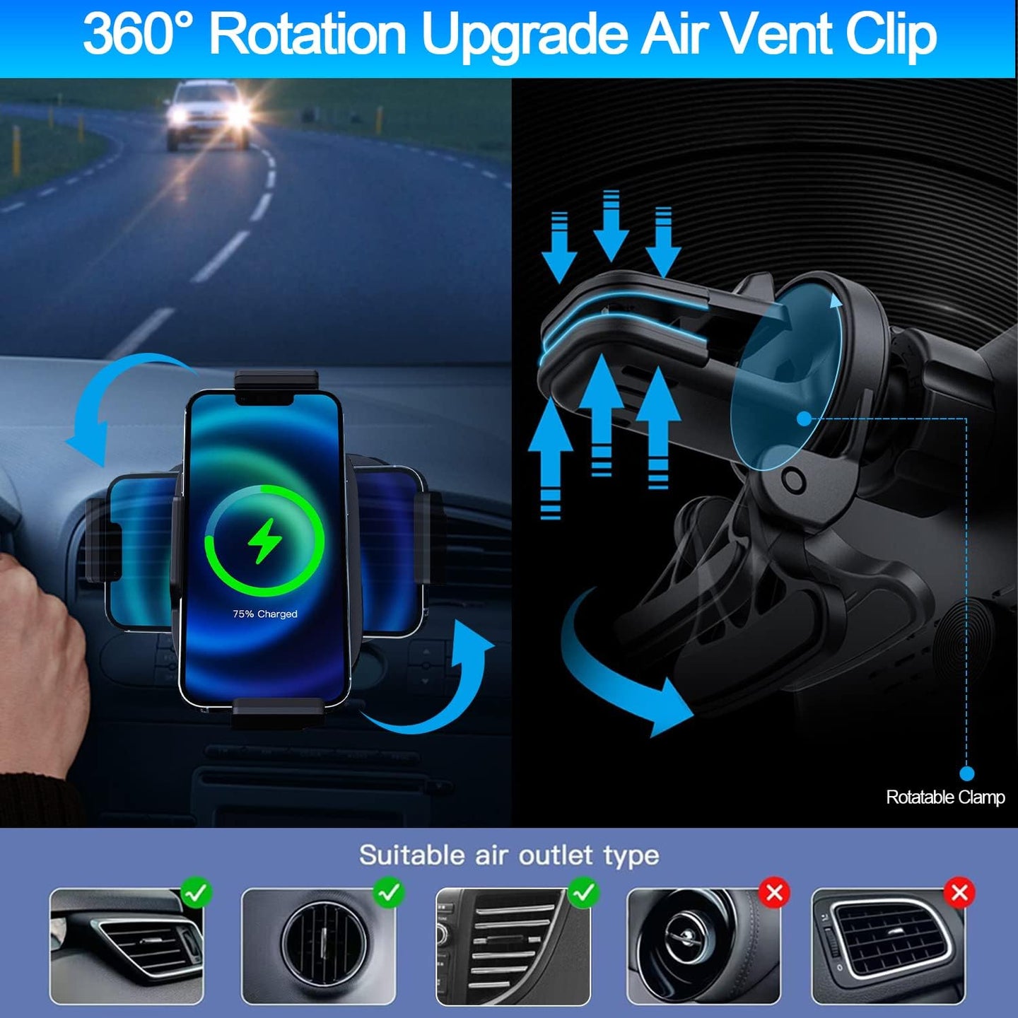 Wireless Car Charger for Samsung Galaxy Z Fold 6/5/4/3, 15W Fast Charging Car Mount, Car Accessories, Air Vent Charging Car Phone Holder for Galaxy Z Fold/Note, Landscape Phone Mount for Galaxy Z Fold