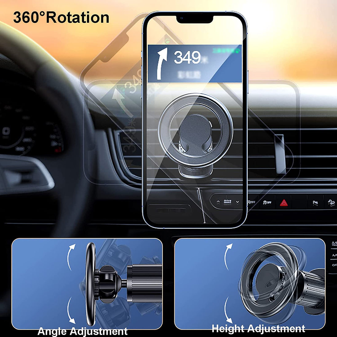 Magnetic 360° Rotation Car Vent Mount Phone Holder for Iphone 15 14 13 12 Series, with Metal Ring for Others Cell Phones as Samsung Galaxy and so On