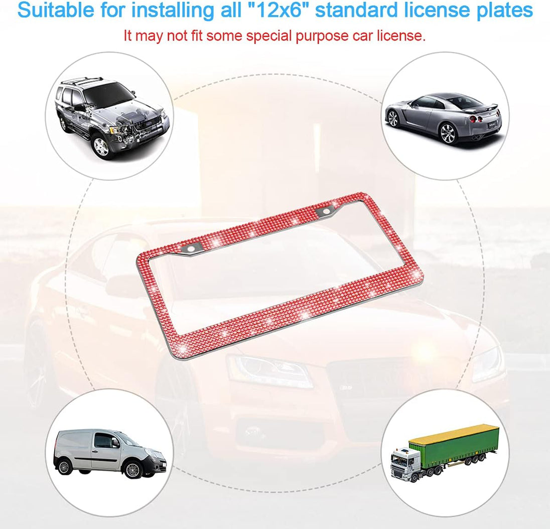 Bling Car License Plate Frame, Handcrafted Crystal Stainless Steel License Plate Frame, Sparkly, Durable, Universal Fit, Car Accessories for Girls, Women (Red)