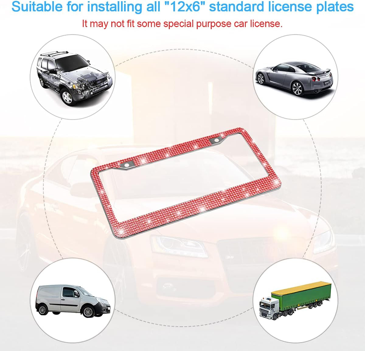 Bling Car License Plate Frame, Handcrafted Crystal Stainless Steel License Plate Frame, Sparkly, Durable, Universal Fit, Car Accessories for Girls, Women (Red)