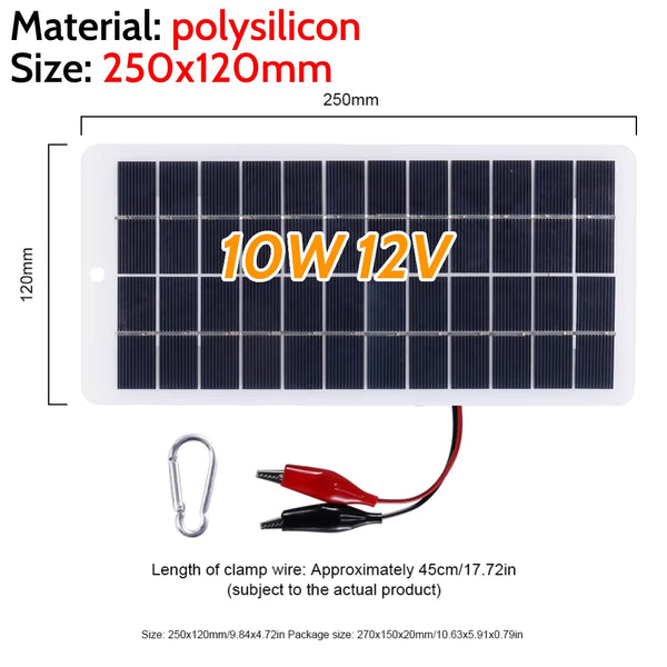 10W Solar Battery Charger with Carabiner 12V Solar Charger Polysilicon Solar Power Charger Portable for Outdoor Lamp Pump