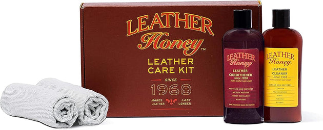 Leather Honey Leather Care Kit - Leather Cleaner + Leather Conditioner + Applicator Cloths - Same Quality Formula since 1968 - Leather Care for Jackets, Furniture, Auto Interiors, Shoes