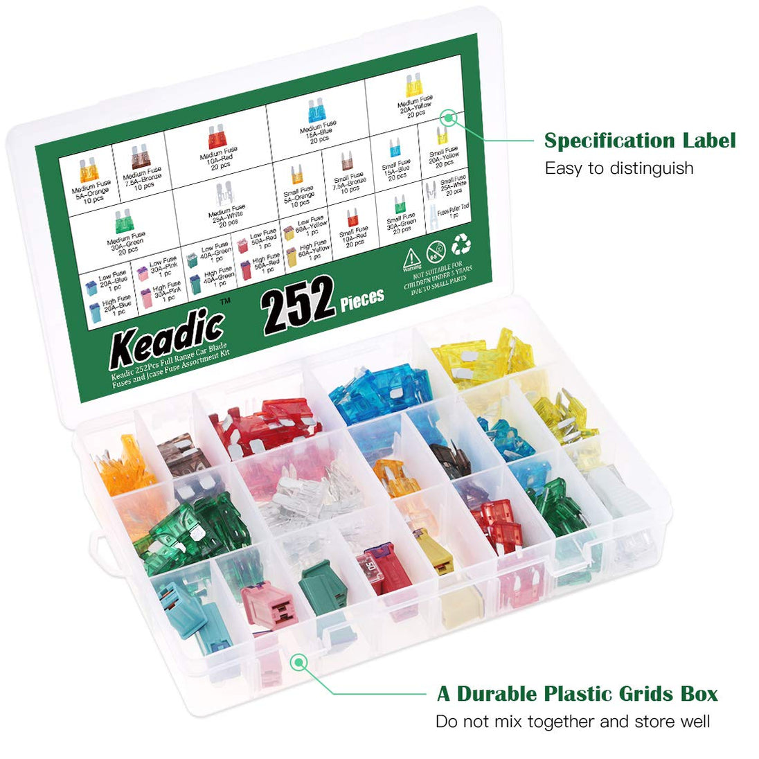Keadic 252Pcs Car Fuses Assortment Kit, Automotive Assorted Fuses - 5A 7.5A 10A 15A 2, Blade Fuses Automotive Assorted Standard Auto Car Truck Blade Fuses Set for Truck Marine Auto Accessories