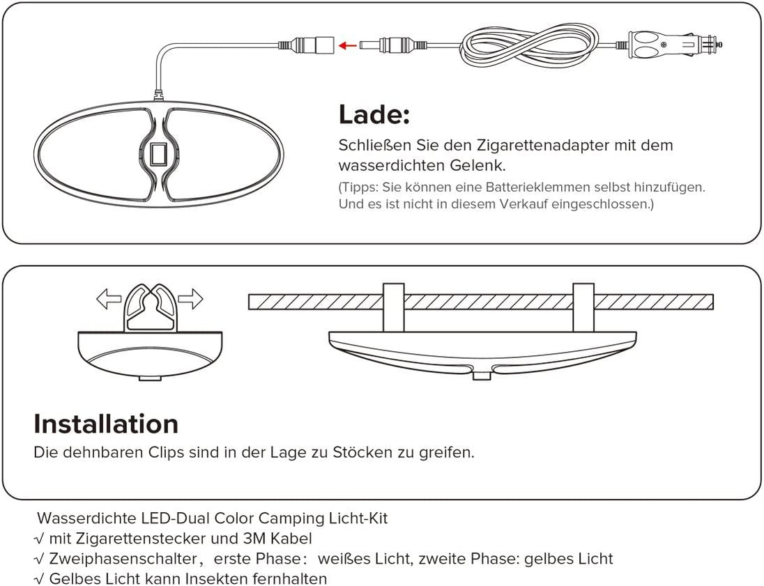 Dream Lighting 12V DC LED Camping Light Kit Tent down Awning Lamp for RV Motorhome Caravan Motorhome Outdoor Indoor Trailer Cool White/Amber Cigarette Connector Charge