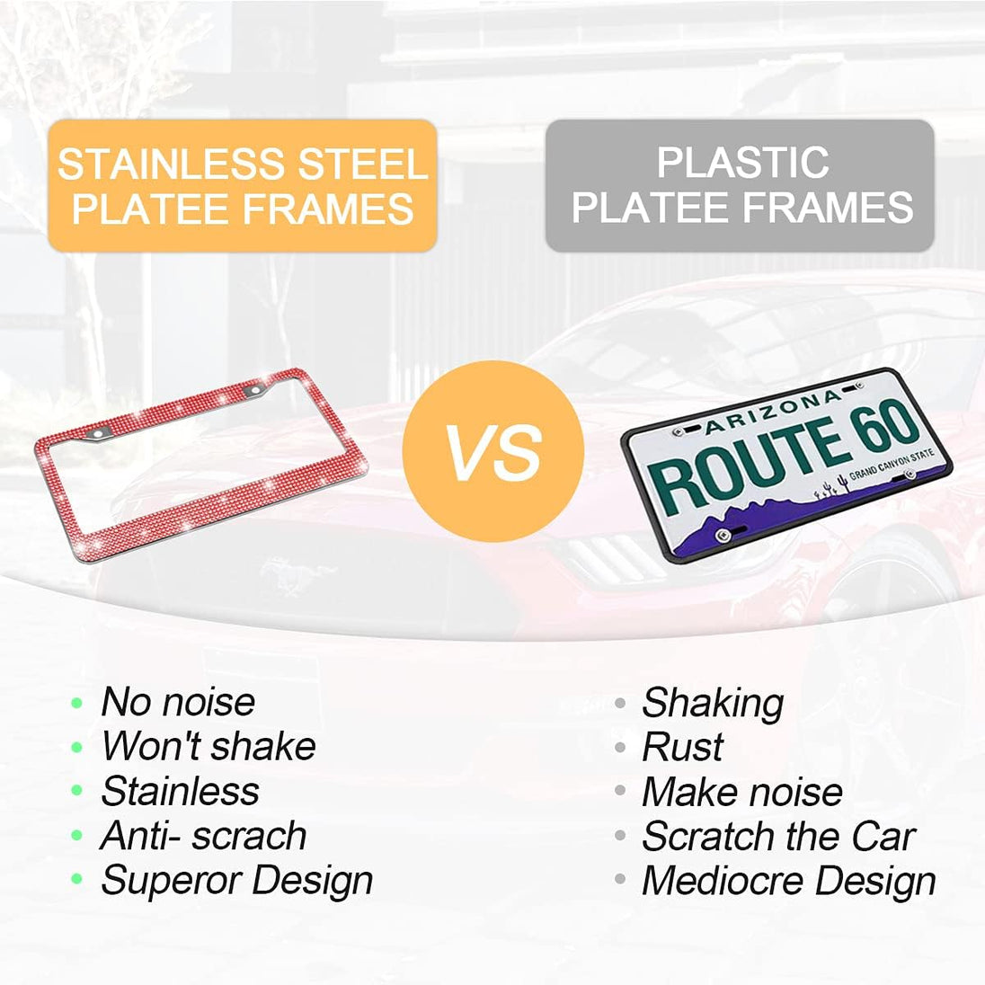 Bling Car License Plate Frame, Handcrafted Crystal Stainless Steel License Plate Frame, Sparkly, Durable, Universal Fit, Car Accessories for Girls, Women (Red)