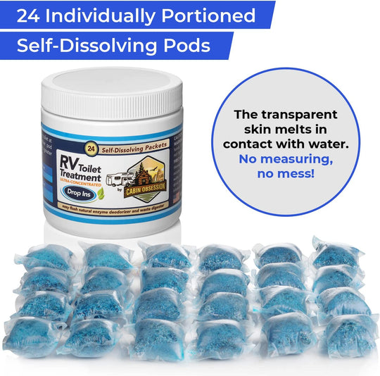 RV Toilet Treatment Drop Ins - 24 Easy Flush Self-Dissolving RV Black Tank Treatment Packets - Eliminate Odors and Break down Waste within Your RV Holding Tank