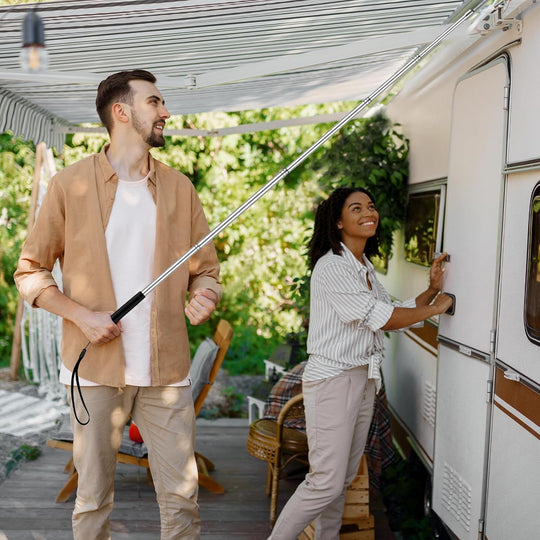 2 Pcs 11.42 to 42.72 RV Awning Rod Opener Easy Reach Telescopic Puller RV Awning Part Retractable Hook Stainless Steel Pulling Rod Retracted Pull Cane for Camper Canopy Tool