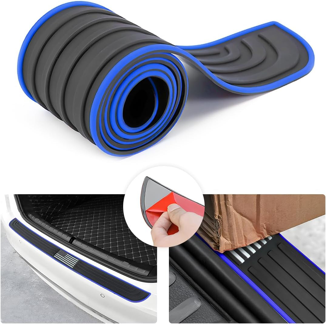 Car Rear Bumper Protector Guard, Anti-Scratch Abrasion Rubber Trunk Door Entry Sill Guard, Non-Slip Vehicle Trim Cover Protection Strip, Car Accessories (Black/Blue Edge/35.4"X2.7")