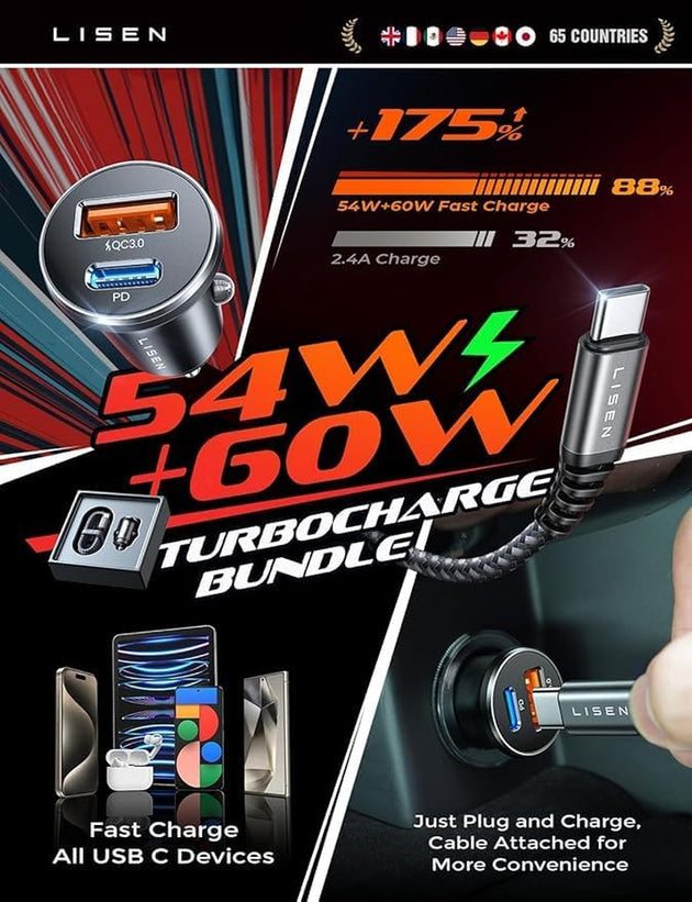 LISEN USB C Car Charger 54W Fast Dual Port Car Charger Type C Cigarette Lighter Adapter with 60W USBC to USBC Cable Car Accessories for Iphone 17 16 15 Pro Max plus Galaxy S25 Ipad Pro Pixel 10