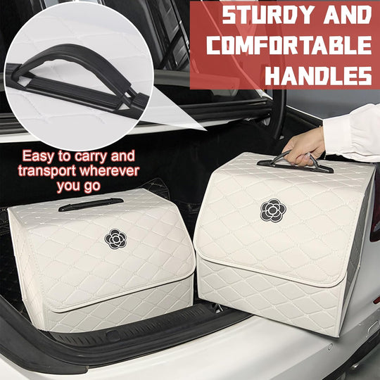 Car Trunk Organizer with Handle, Leather Multipurpose Car Cargo Boot Organiser, Collapsible Storage Box for Suvs & Sedans, Car Boot Tidy Organization for Car Accessories (White-S)