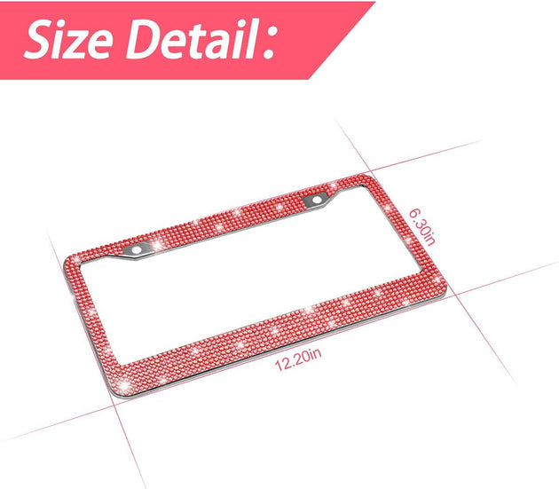 Bling Car License Plate Frame, Handcrafted Crystal Stainless Steel License Plate Frame, Sparkly, Durable, Universal Fit, Car Accessories for Girls, Women (Red)