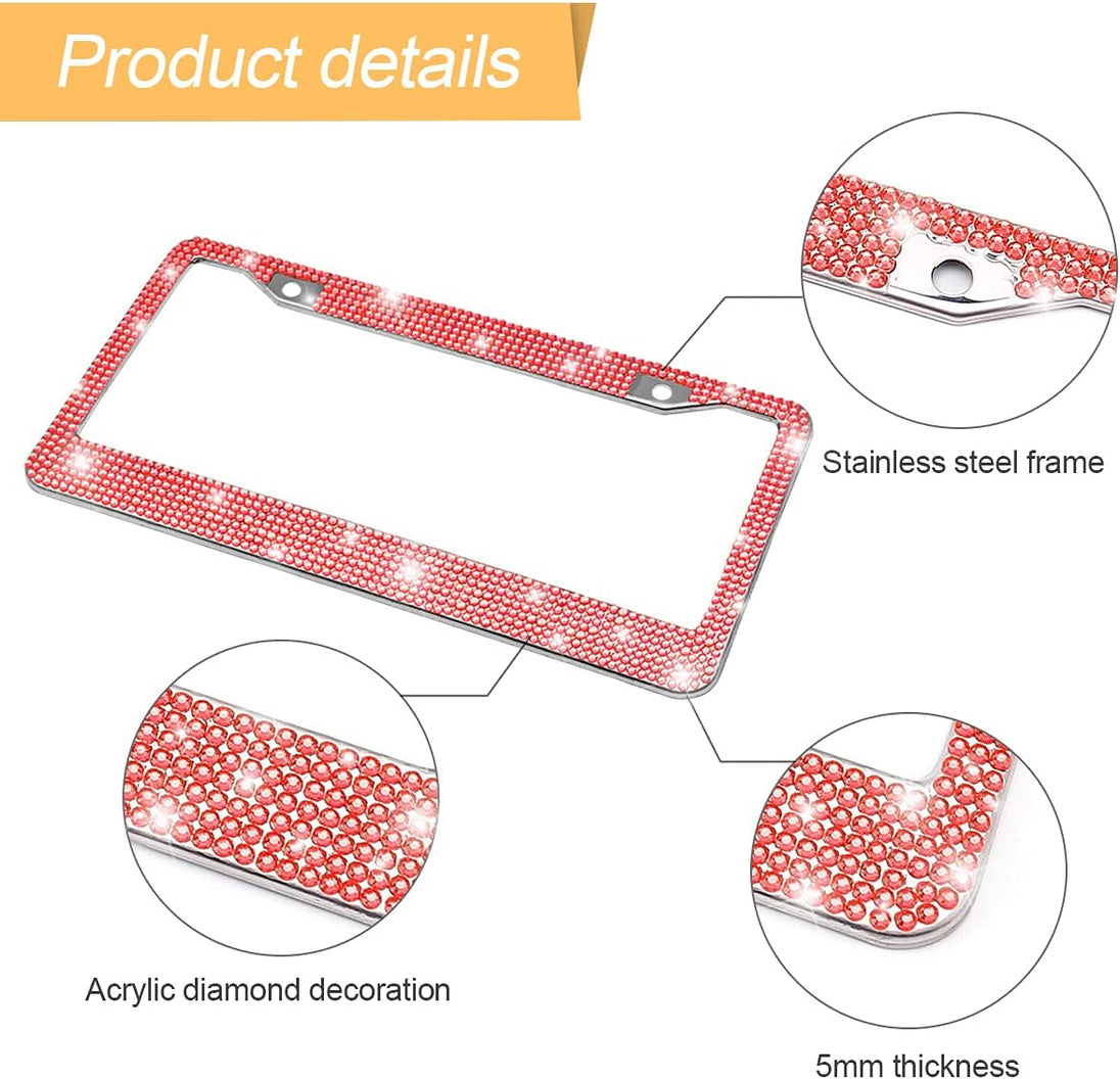 Bling Car License Plate Frame, Handcrafted Crystal Stainless Steel License Plate Frame, Sparkly, Durable, Universal Fit, Car Accessories for Girls, Women (Red)