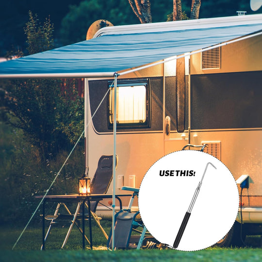 2 Pcs 11.42 to 42.72 RV Awning Rod Opener Easy Reach Telescopic Puller RV Awning Part Retractable Hook Stainless Steel Pulling Rod Retracted Pull Cane for Camper Canopy Tool
