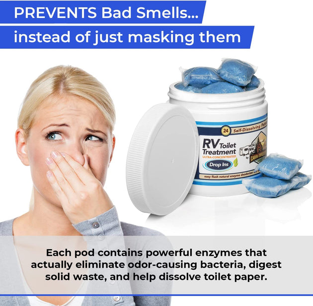 RV Toilet Treatment Drop Ins - 24 Easy Flush Self-Dissolving RV Black Tank Treatment Packets - Eliminate Odors and Break down Waste within Your RV Holding Tank