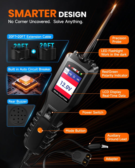 ANCEL PB100 Automotive Power Circuit Probe Tester, 12V 24V Electrical Short/Open Breaker Finder, AC DC Diode Resistance Relay Tester, Continuity Test Digital Multimeter/Ohmmeters, 40FT Cable