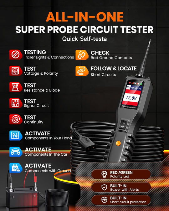 ANCEL PB100 Automotive Power Circuit Probe Tester, 12V 24V Electrical Short/Open Breaker Finder, AC DC Diode Resistance Relay Tester, Continuity Test Digital Multimeter/Ohmmeters, 40FT Cable