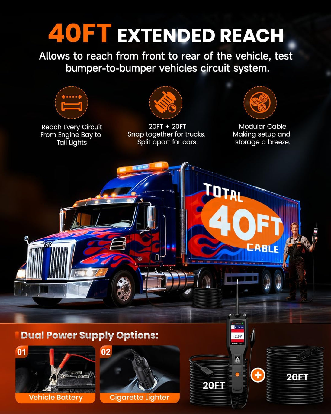 ANCEL PB100 Automotive Power Circuit Probe Tester, 12V 24V Electrical Short/Open Breaker Finder, AC DC Diode Resistance Relay Tester, Continuity Test Digital Multimeter/Ohmmeters, 40FT Cable