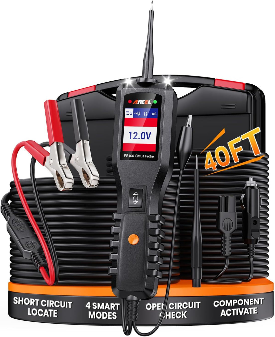 ANCEL PB100 Automotive Power Circuit Probe Tester, 12V 24V Electrical Short/Open Breaker Finder, AC DC Diode Resistance Relay Tester, Continuity Test Digital Multimeter/Ohmmeters, 40FT Cable