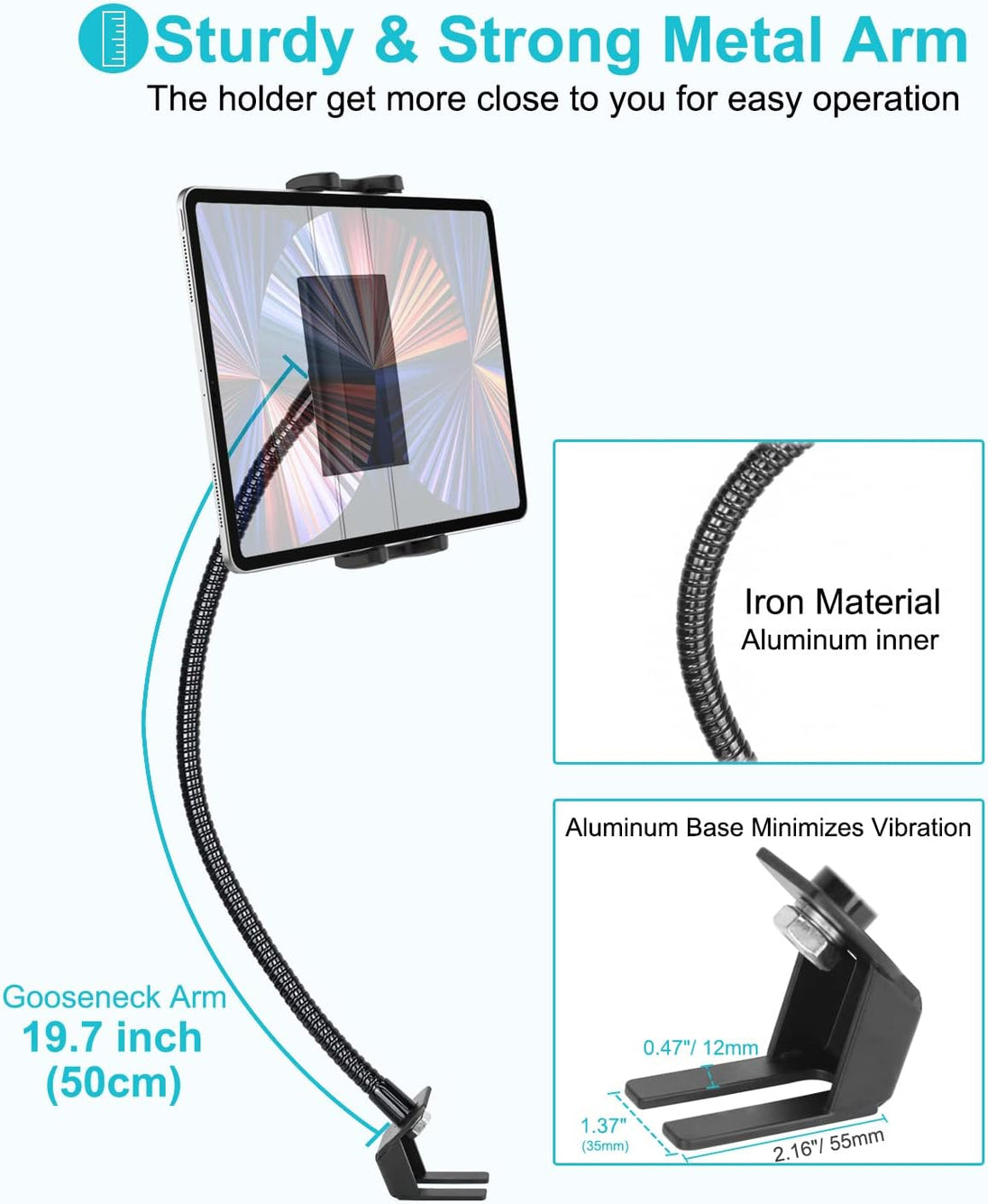 EXSHOW Car Seat Rail Tablet Holder for Truck, Metal Gooseneck Car Floor Seat Bolt Tablet Mount, Pickup/Commercial Vehicles/Semi Truck Stand for Ipad Pro Mini Air, Galaxy Tabs, Iphone, 4-12.9" Tablets