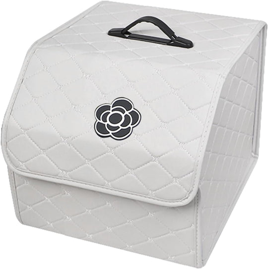 Car Trunk Organizer with Handle, Leather Multipurpose Car Cargo Boot Organiser, Collapsible Storage Box for Suvs & Sedans, Car Boot Tidy Organization for Car Accessories (White-S)