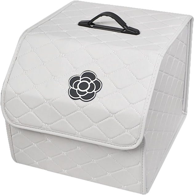 Car Trunk Organizer with Handle, Leather Multipurpose Car Cargo Boot Organiser, Collapsible Storage Box for Suvs & Sedans, Car Boot Tidy Organization for Car Accessories (White-S)