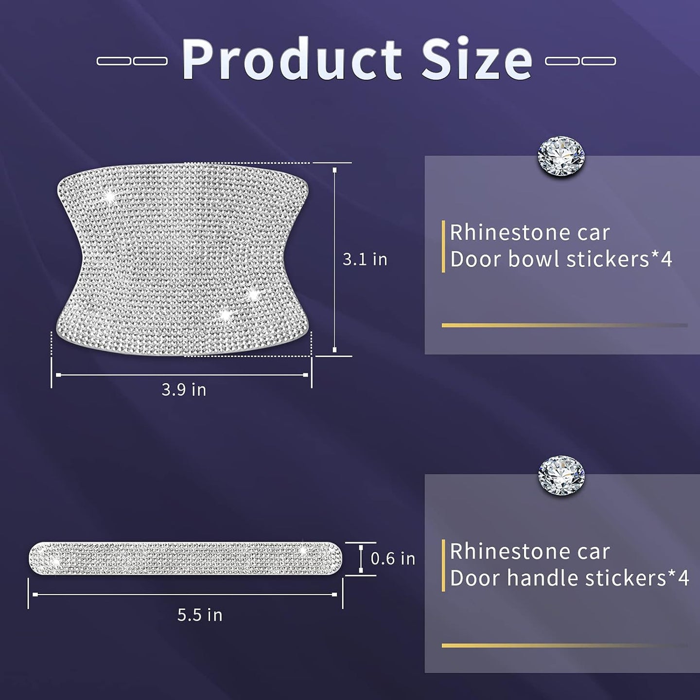 INSAUTO 8 Pieces Bling Car Door Handle Scratch Protector, Universal Rhinestone Car Stickers for Women, Automotive Exterior Accessories (Silver)