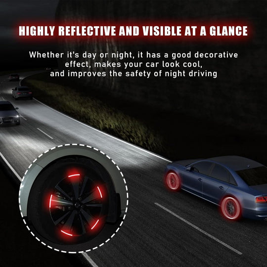 20PCS Reflective Car Wheel Decorative Stripe Stickers, Anti-Scratch Night Safety Warning Sticker, Fluorescent Tire Rims Decal, Auto Exterior Decor Accessories for Most Vehicles (Red)