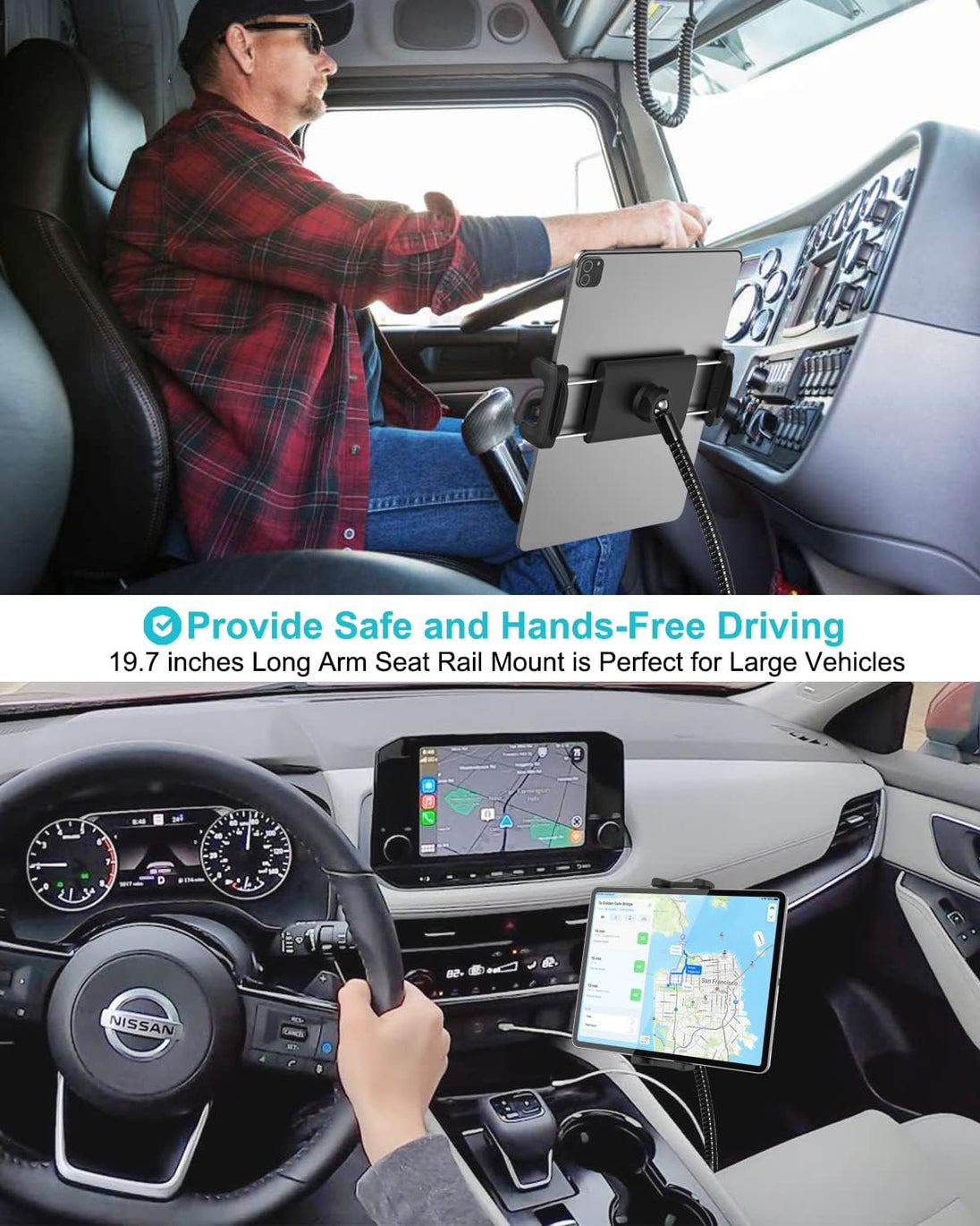 EXSHOW Car Seat Rail Tablet Holder for Truck, Metal Gooseneck Car Floor Seat Bolt Tablet Mount, Pickup/Commercial Vehicles/Semi Truck Stand for Ipad Pro Mini Air, Galaxy Tabs, Iphone, 4-12.9" Tablets