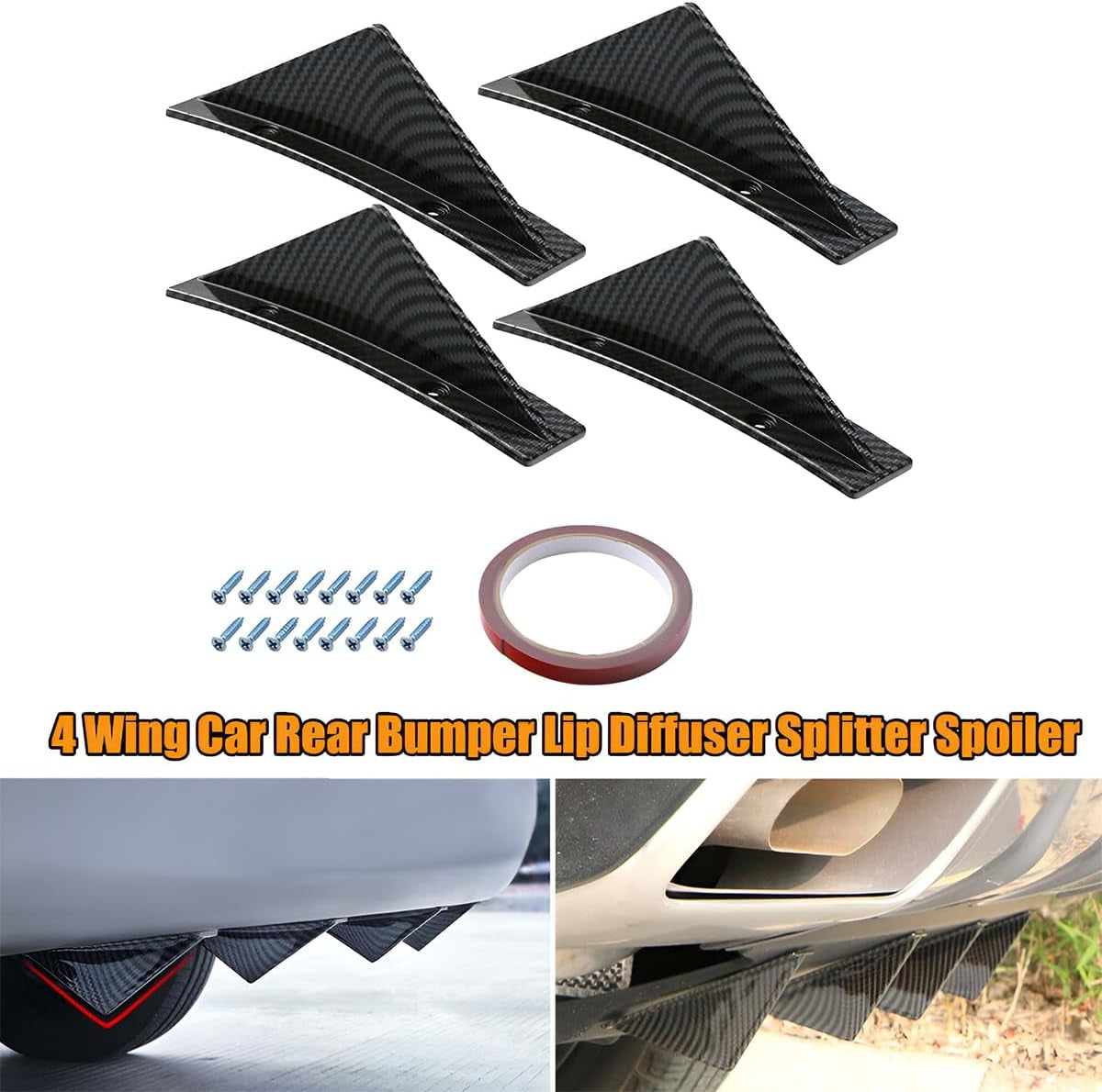 4Pcs Car Rear Lower Bumper Wing Lip Diffuser, Anti-Crash Accessories Spoiler Shark Fin Protector, Rear Bumper Splitter Lip Wing with Screw, Universal Auto Decoration for Car SUV Truck