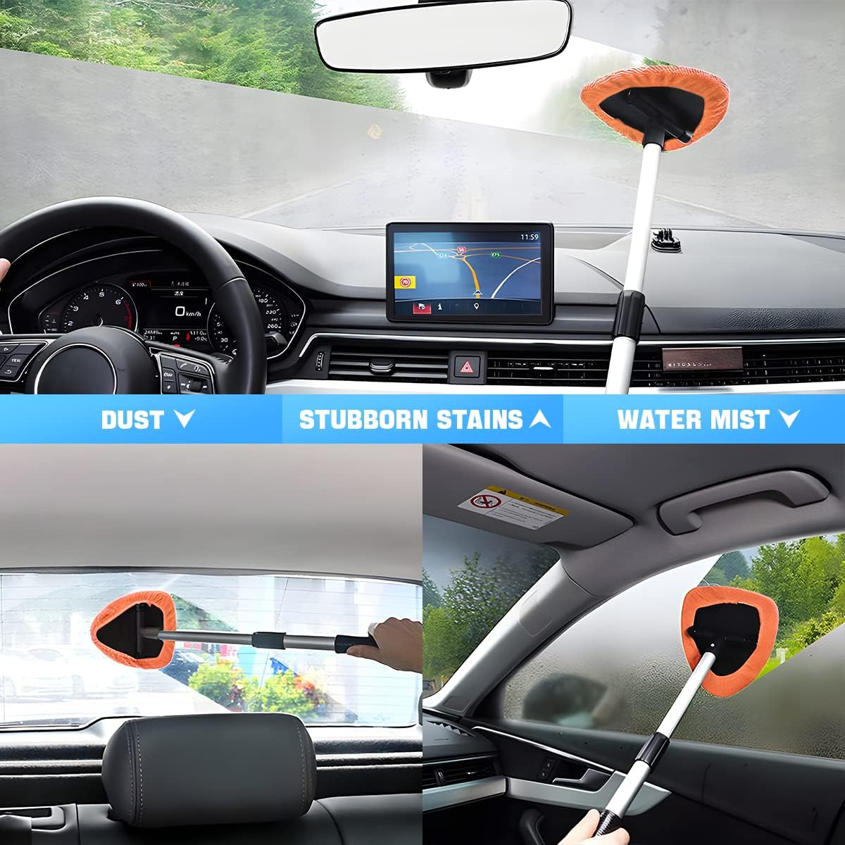 Windshield Cleaning Tool, Car Window Cleaner with Extendable Long Handle and 4 Washable Reusable Microfiber Pads, Auto Interior Exterior Glass Wiper Cleaning Kit Universal for Office and Home (Orange)