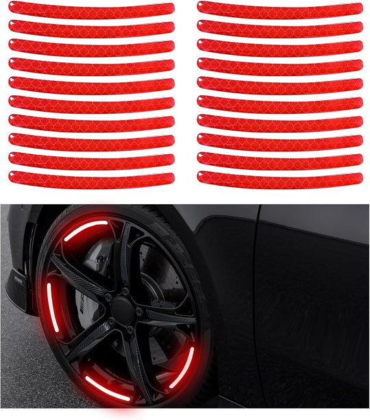 20PCS Reflective Car Wheel Decorative Stripe Stickers, Anti-Scratch Night Safety Warning Sticker, Fluorescent Tire Rims Decal, Auto Exterior Decor Accessories for Most Vehicles (Red)