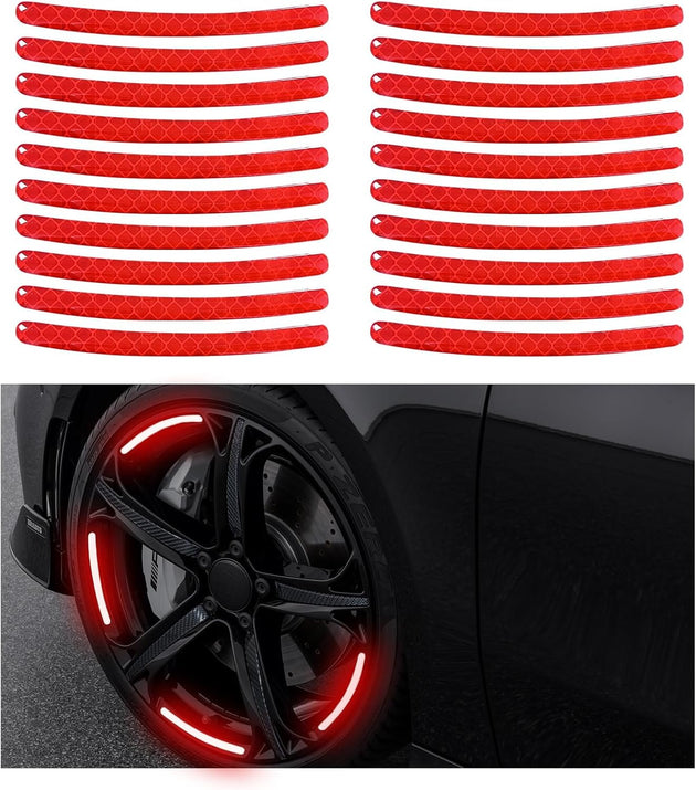 20PCS Reflective Car Wheel Decorative Stripe Stickers, Anti-Scratch Night Safety Warning Sticker, Fluorescent Tire Rims Decal, Auto Exterior Decor Accessories for Most Vehicles (Red)