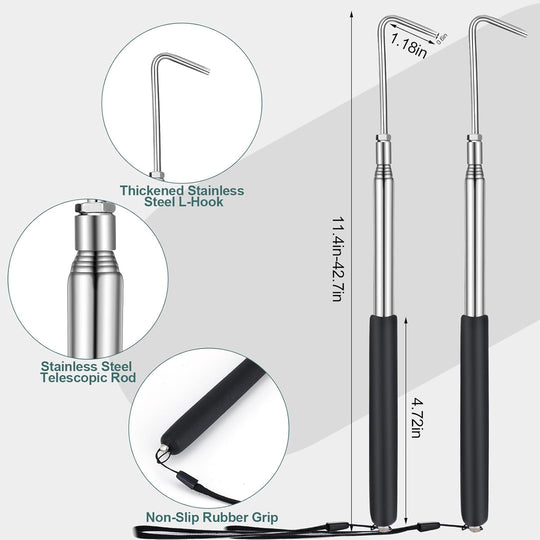 2 Pcs 11.42 to 42.72 RV Awning Rod Opener Easy Reach Telescopic Puller RV Awning Part Retractable Hook Stainless Steel Pulling Rod Retracted Pull Cane for Camper Canopy Tool