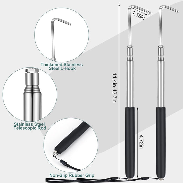 2 Pcs 11.42 to 42.72 RV Awning Rod Opener Easy Reach Telescopic Puller RV Awning Part Retractable Hook Stainless Steel Pulling Rod Retracted Pull Cane for Camper Canopy Tool