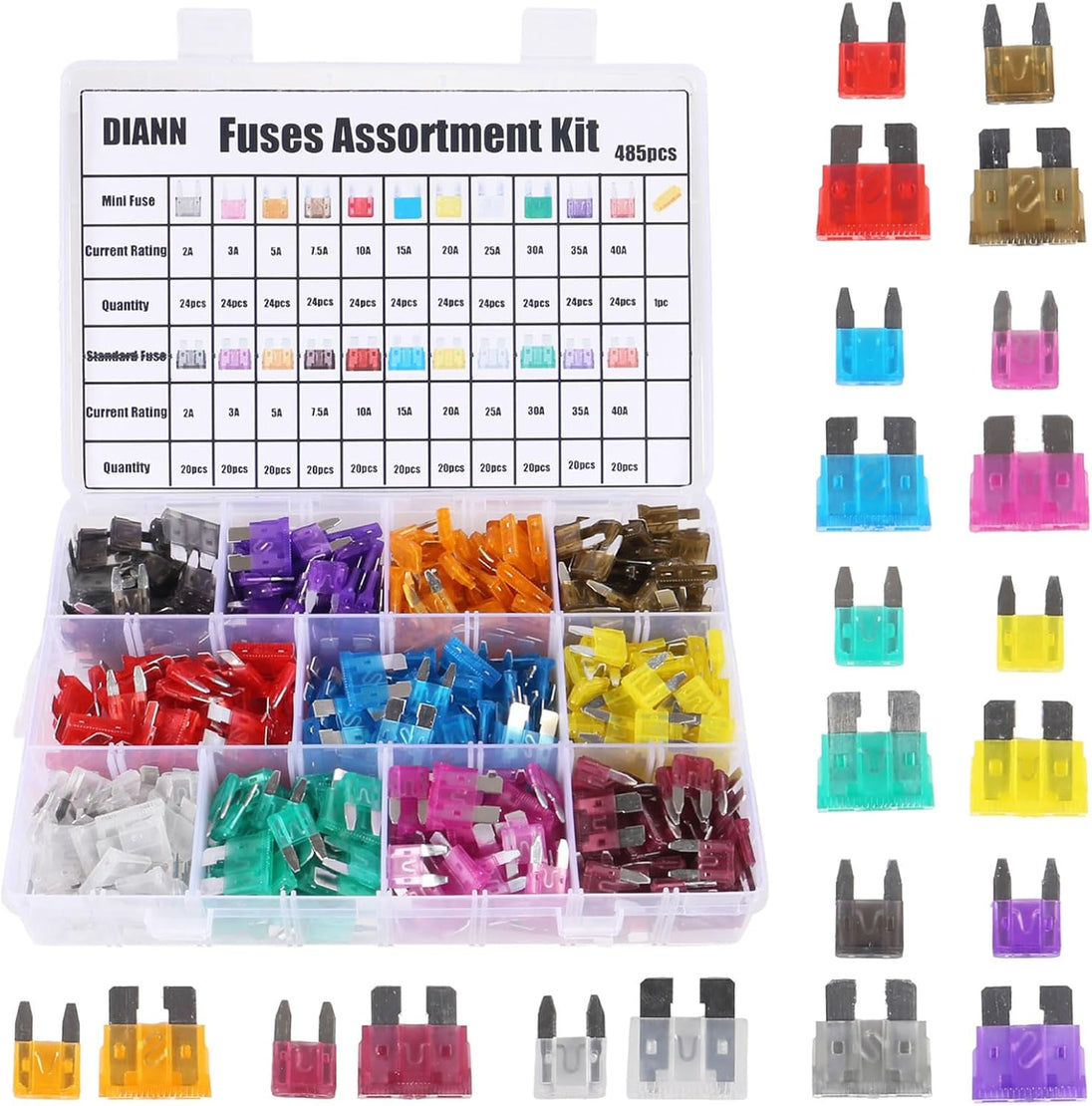 DIANN 485Pcs Car Fuses Assortment Kit Mini & Standard Auto Car Truck Blade 2A 3A 5A 7.5A 10A 15A 20A 25A 30A 35A 40A Fuses Kit for Boat Automotive Replacement