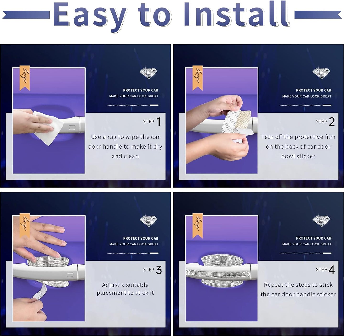 INSAUTO 8 Pieces Bling Car Door Handle Scratch Protector, Universal Rhinestone Car Stickers for Women, Automotive Exterior Accessories (Silver)