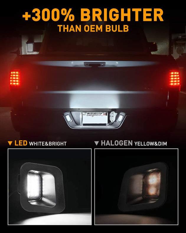 LESAUCE Full LED License Plate Light Tag Light for 2003-2018 Dodge RAM 1500 2500 3500 Pickup Truck, 6000K White, Smoke Lens, Tag Lamp Assembly Replacement, 2 PCS